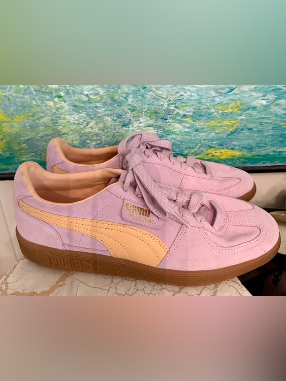 Puma Palermo Women's Suede Sneakers in Light Pink with Peach Stripe